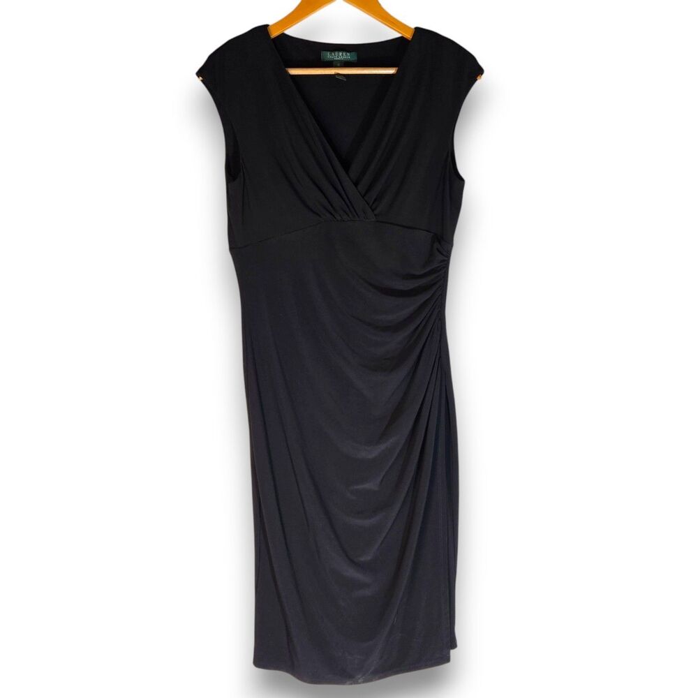 Lauren Ralph Lauren Black Dress 12 Womens Ruched Faux Wrap V Neck Cocktail EUC